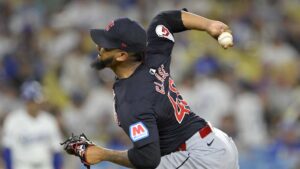 Cleveland Guardians relief pitcher Emmanuel Clase earns a save in the ninth inning against the Los Angeles Dodgers