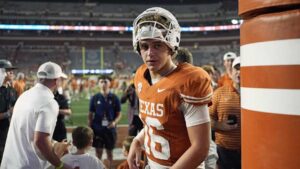 Texas Longhorns quarterback Arch Manning leaves the field after a victory over the Texas-San Antonio Roadrunners