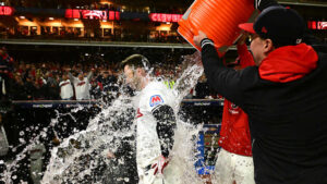 Cleveland Guardians first baseman David Fry is doused with water by teammates after hitting a game-winning home run