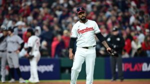 Cleveland Guardians pitcher Emmanuel Clase reacts in the ninth inning against the New York Yankees during game four of ALCS