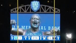 An image of the Dwayne Wade Miami Heat statue is on the Columbia jumbotron in their game against the Yale Bulldog