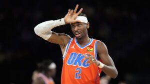 Oklahoma City Thunder guard Shai Gilgeous-Alexander against the Houston Rockets in one NBA Cup semifinal.