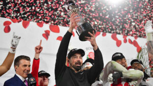 Ohio State Buckeyes head coach Ryan Day celebrates after defeating the Oregon Ducks in the 2025 College Football Playoff