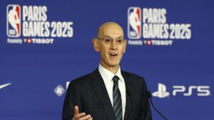 NBA commissioner Adam Silver speaks before the 2025 NBA's Paris Games between the San Antonio Spurs and Indiana Pacers