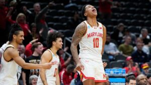 Maryland Terrapins forward Julian Reese (10) celebrates after defeating Grand Canyon Antelopes