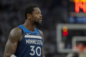Minnesota Timberwolves forward Julius Randle looks on against the Golden State Warriors.