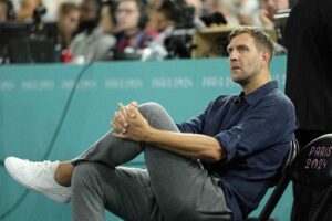 Dirk Nowitzki looks on during the men's basketball bronze medal game between Serbia and Germany.