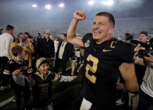 Vanderbilt quarterback Diego Pavia (2) celebrates after the team’s win Kentucky at FirstBank Stadium in Nashville, Tenn.,