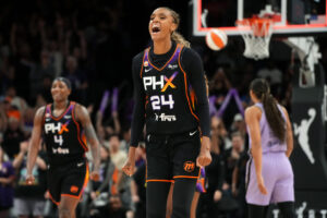 Phoenix Mercury forward DeWanna Bonner (24) celebrates their 91-89 win over the Golden State Valkyries at Mortgage Matchup