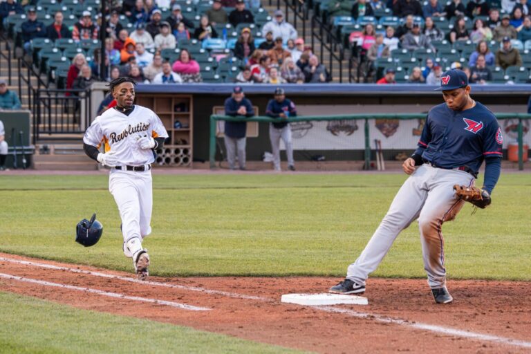 York Revolution's Rudy Martin gets tagged our just before reaching first base on Thursday, April 25, 2024.
