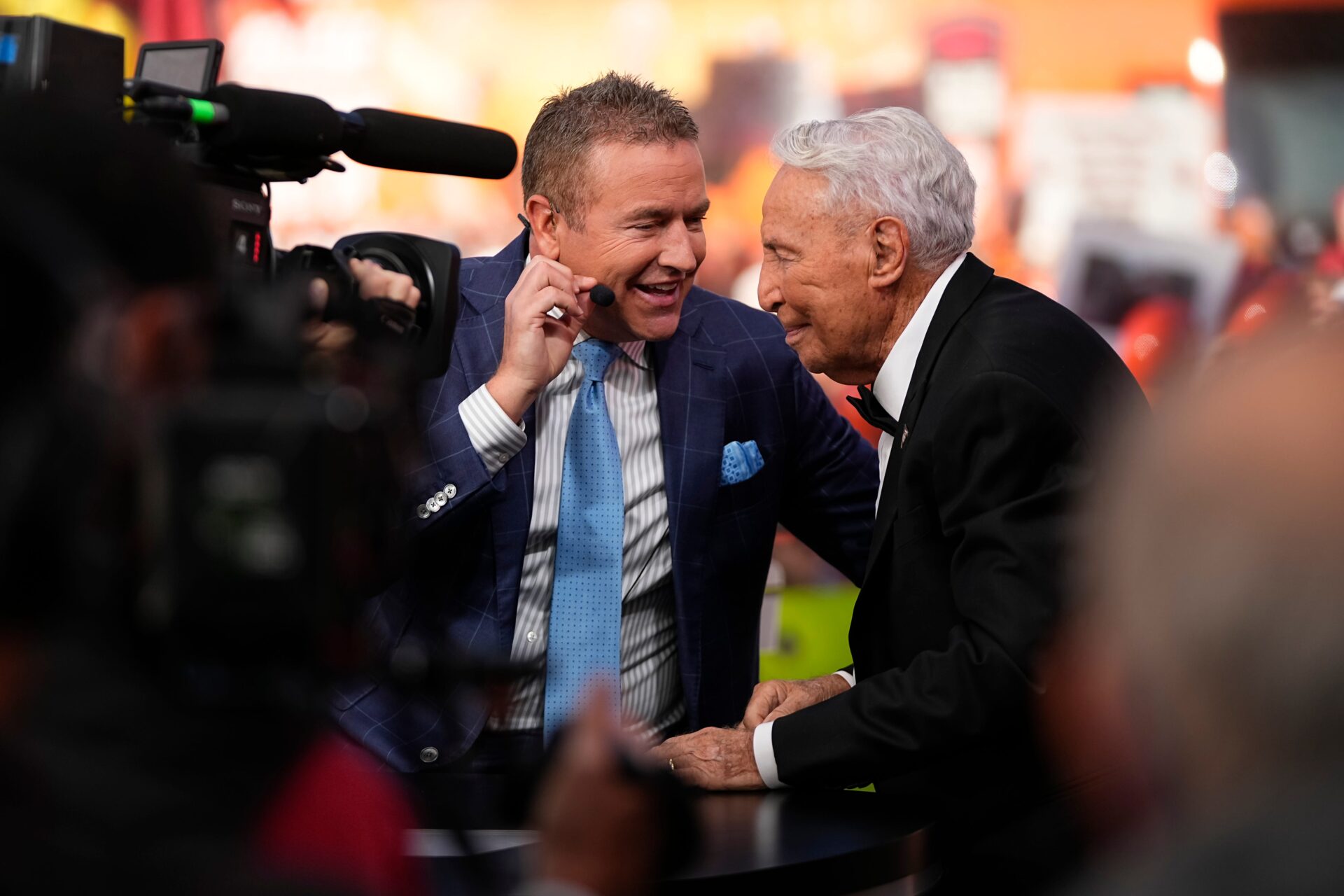 Kirk Herbstreit talks to Lee Corso on the set of ESPN College GameDay prior to the NCAA football game between the Ohio State