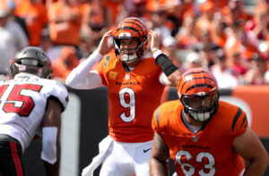 Cincinnati Bengals quarterback Joe Burrow (9) yells out instructions to his teammates during home opener against the Tampa Bay