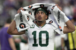 Green Bay Packers quarterback Jordan Love (10) walks off the field after their game Sunday, Sept. 13, 2026 at U.S. Bank Stadium