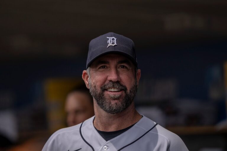 Detroit Tigers pitcher Justin Verlander watches from the dugout during a game against the Chicago White Sox at Comerica Park in