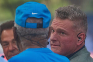 Pat McAfee looks at guest picker Morgan Freeman after Nick Saban picked LSU to win during ESPN’s College GameDay in Oxford,