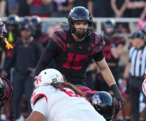 Texas Tech's Austin Romaine eyes the Houston offense during a Big 12 Conference football game, Friday, Sept. 18, 2026, at Galaxy