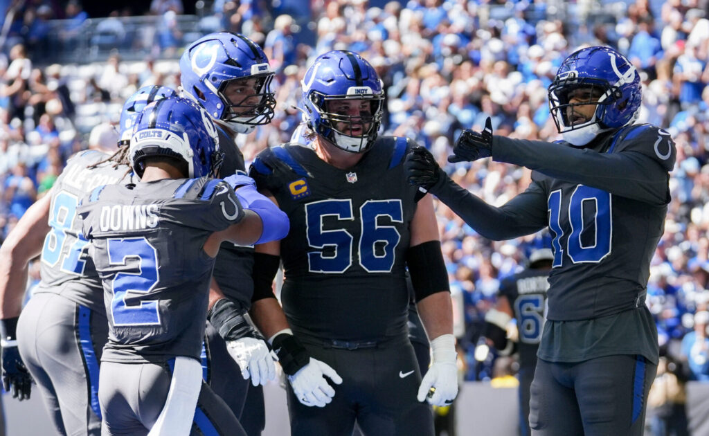 Indianapolis Colts wide receiver Keenan Allen (10) celebrates a touchdown with his teammates Sunday, Sept. 27, 2026, during a