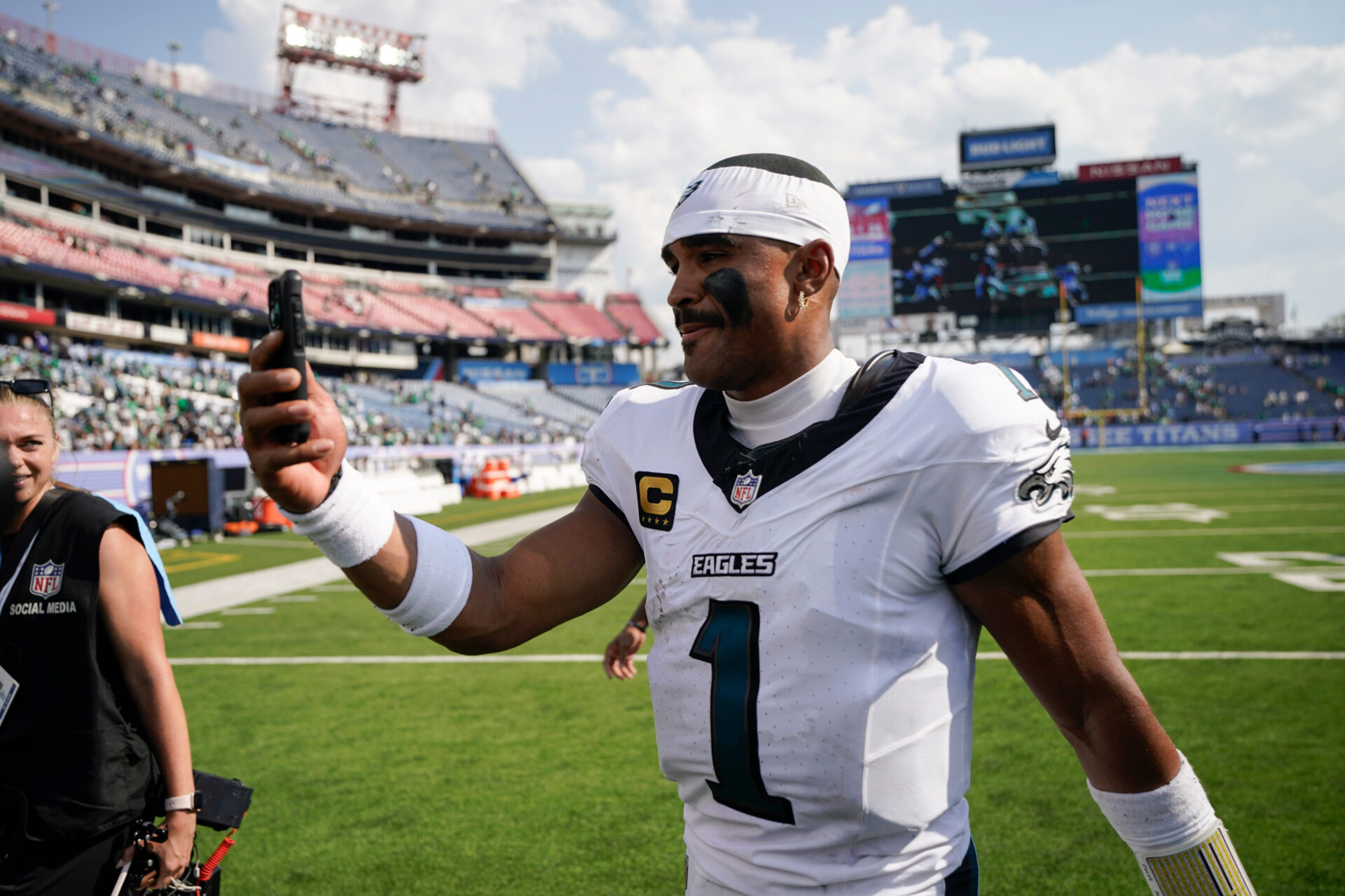 Philadelphia Eagles quarterback Jalen Hurts (1) exits the field after the game against the Tennessee Titans at Nissan Stadium in