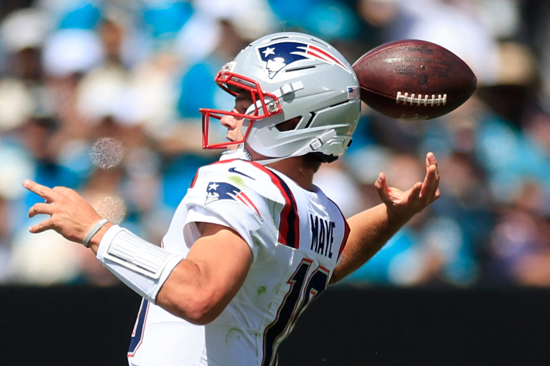 New England Patriots quarterback Drake Maye (10) loses the ball on a fumble turnover during the first quarter of an NFL football