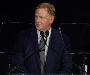 NFL Commissioner Roger Goodell speaks at the Gold Jacket Dinner at the Canton Memorial Civic Center, Aug. 7, 2026.