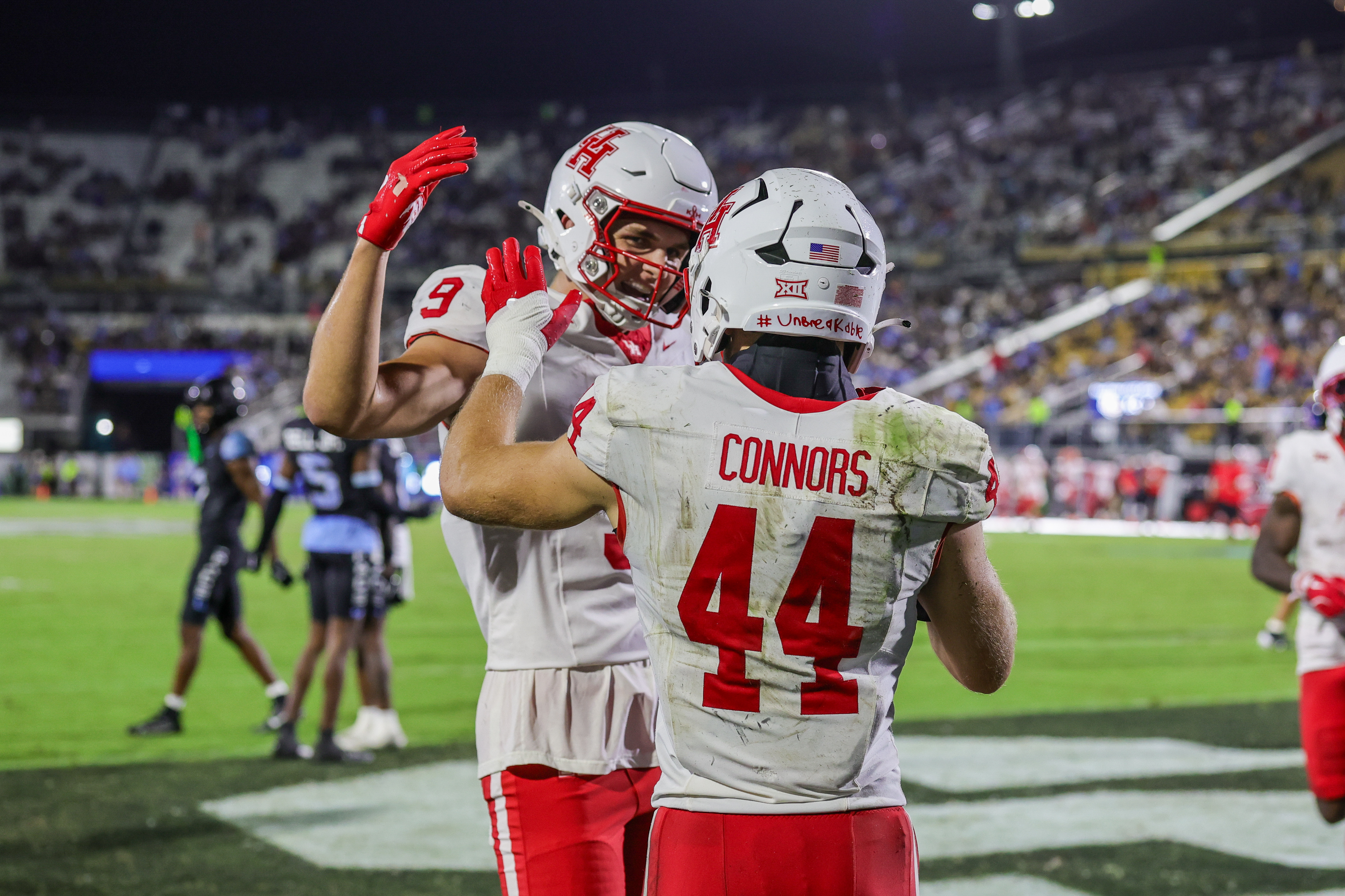 Nov 7, 2025; Orlando, Florida, USA; Houston Cougars running back Dean Connors (44) celebrates after scoring during the second half against the UCF Knights at Acrisure Bounce House. Mandatory Credit: Mike Watters-Imagn Images