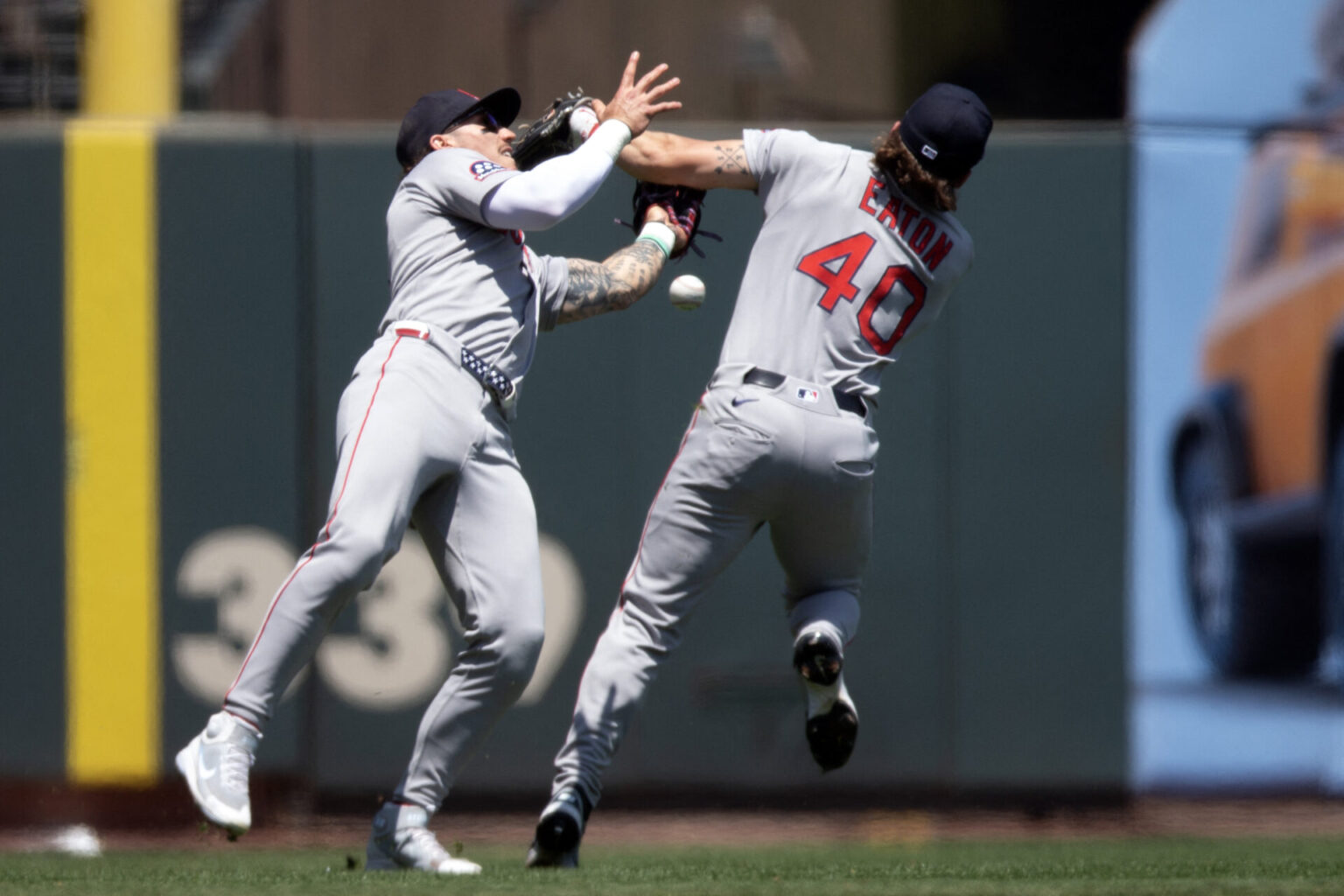 Boston Red Sox left fielder Jarren Duran (16) and third baseman Nate Eaton (40) collide pursuing a popup by San Francisco Giants catcher Patrick Bailey during the third inning at Oracle Park on June 22, 2025. Mandatory