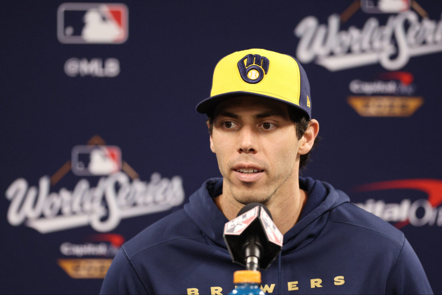 St. Petersburg, Florida, USA; Milwaukee Brewers designated hitter Christian Yelich (22) speaks in a press conference before game five of the 2026 World Series against the Tampa Bay Rays at Tropicana Field on Oct. 28, 2026. Mandatory