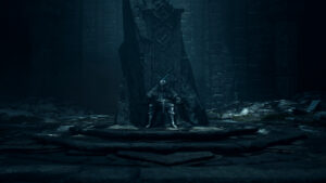 An armoured figure sitting in a stoney throne in Dragon's Dogma 2