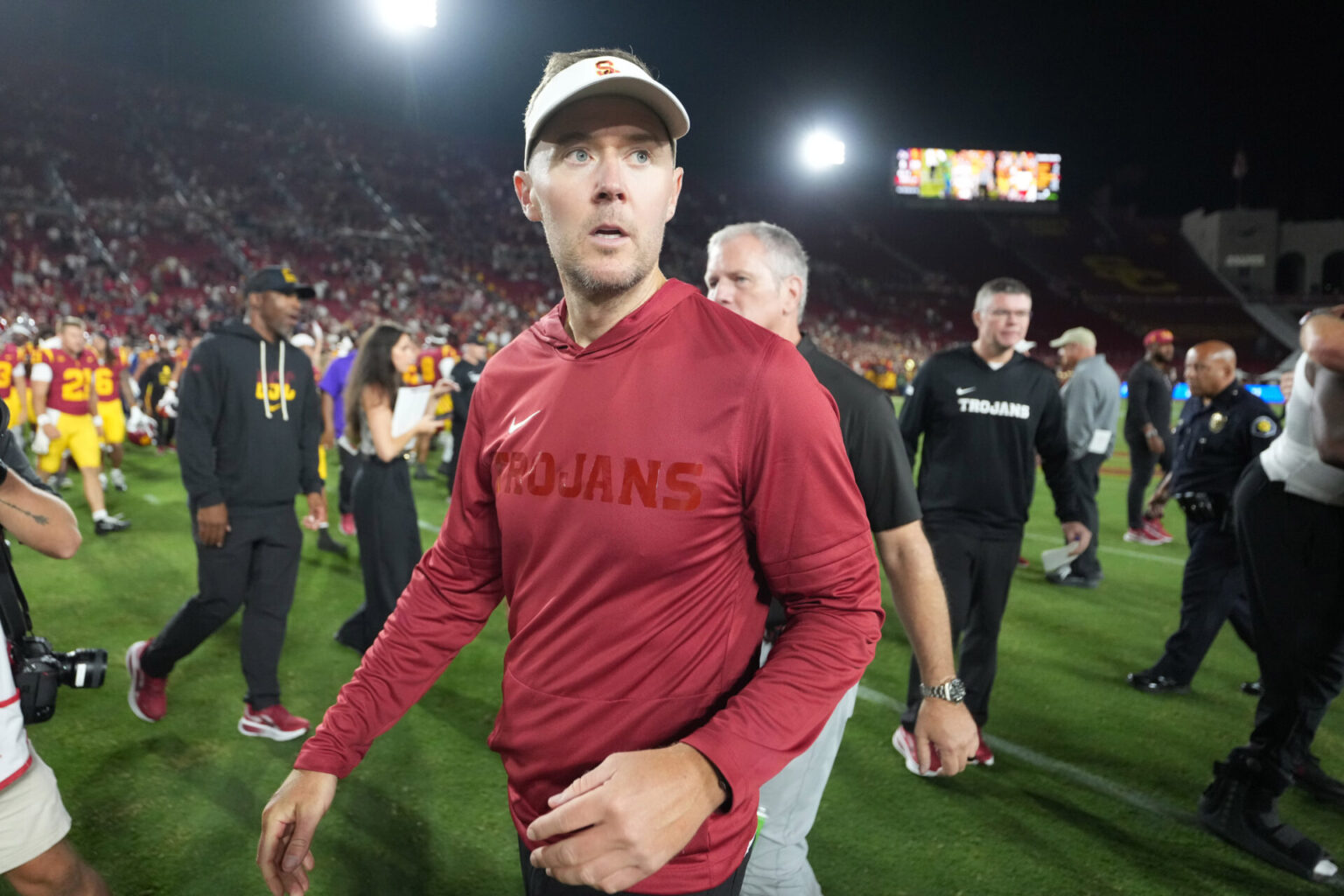 Sep 4, 2026; Los Angeles, California, USA; Southern California Trojans head coach Lincoln Riley reacts after the game against the Fresno State Bulldogs at United Airlines Field at Los Angeles Memorial Coliseum. Mandatory