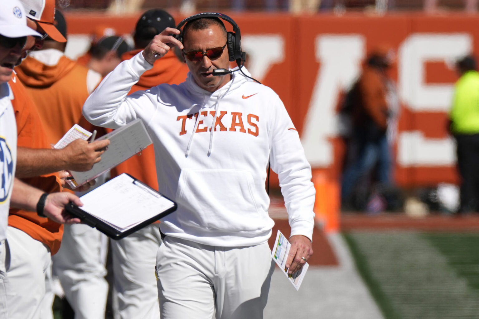 Oct 17, 2026; Austin, Texas, USA; Texas Longhorns Head Coach Steve Sarkisian during the first half against the Florida Gators at Darrell K Royal-Texas Memorial Stadium. Mandatory