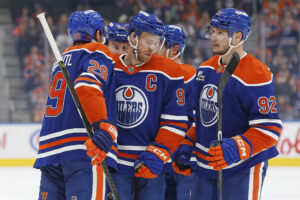 The Edmonton Oilers celebrate a goal scored by forward Connor McDavid