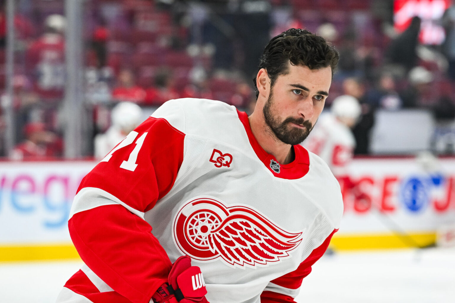 Oct 10, 2026; Montreal, Quebec, CAN; Detroit Red Wings center Dylan Larkin (71) looks on during warm-up before the game against the Montreal Canadiens at Bell Centre. Mandatory