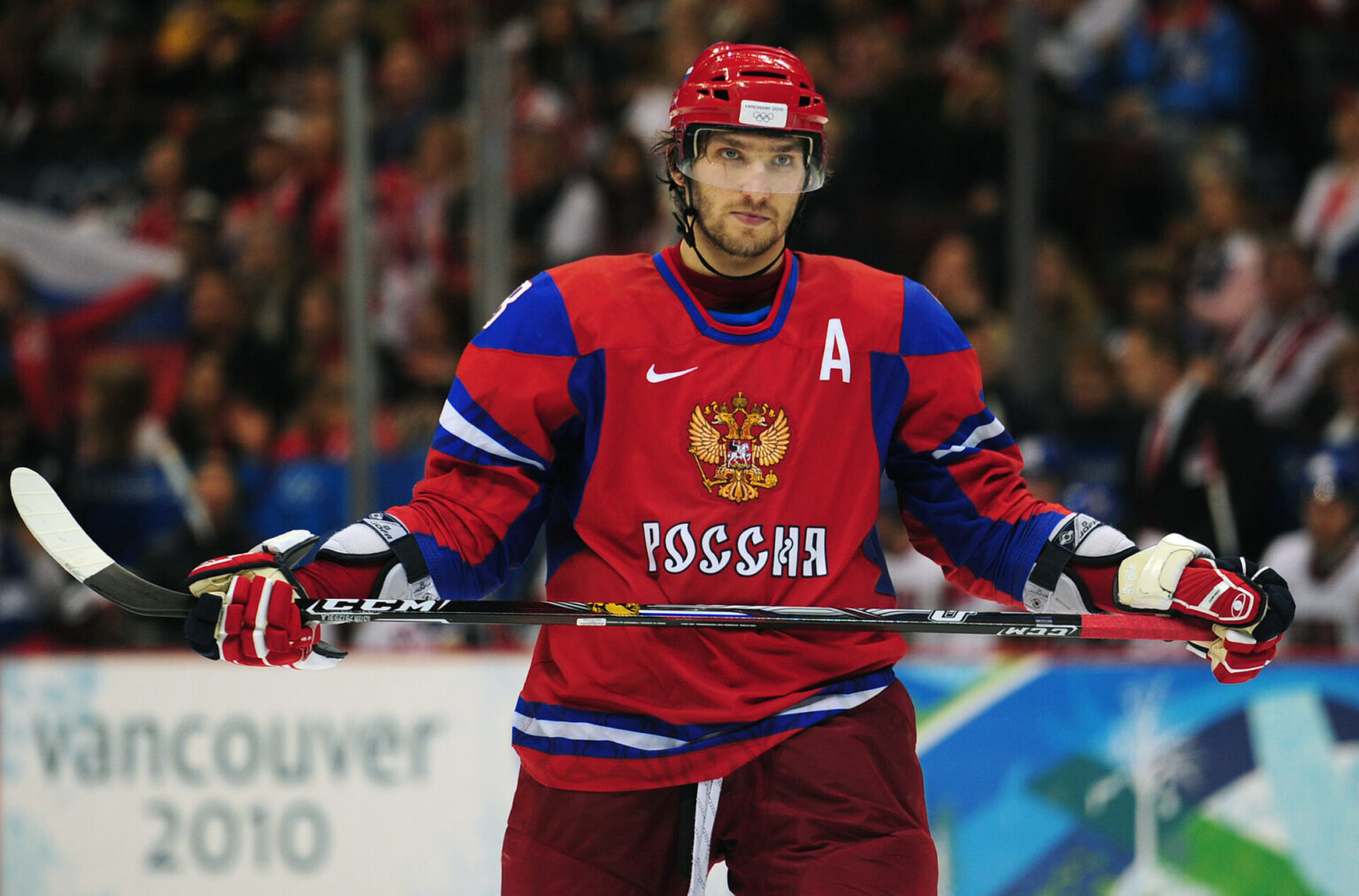 February 21, 2010; Vancouver, BC, CANADA; Russia forward Alexander Ovechkin (8) rests during a timeout in the third period during the preliminary round of group B play of the 2010 Vancouver Olympics against Czech Republic at the Canada Hockey Place. Russia defeated Czech Republic 4-2. Mandatory