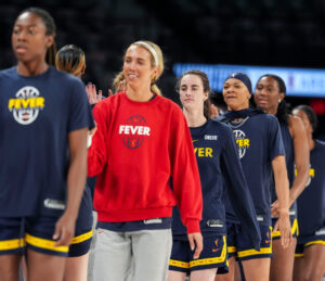 Indiana Fever guard Caitlin Clark (22) and her teammates high-five each other Thursday, Oct. 1, 2026, during a practice ahead of