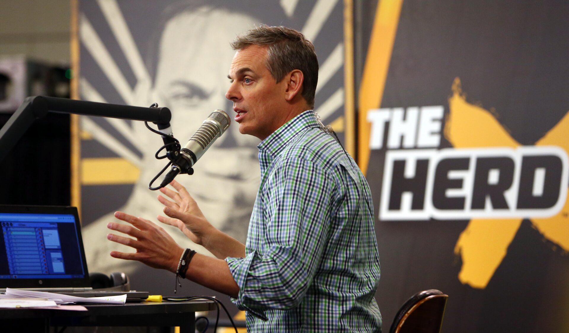 Feb 1, 2016; San Francisco, CA, USA; Radio personality Colin Cowherd broadcasts on radio row at the Moscone Center in advance of