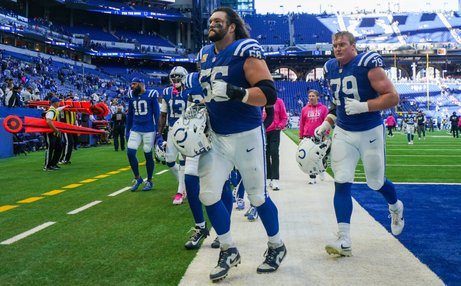 Indianapolis Colts guard Quenton Nelson (56) leads a group of players off the field Sunday, Oct. 18, 2026, following the game against the Tennessee Titans at Lucas Oil Stadium in Indianapolis